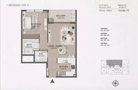 Plattegrond van 1 slaapkamer in One By Nine