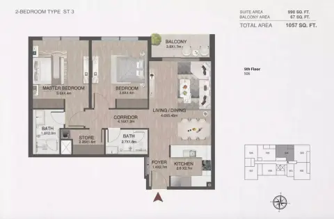 Plattegrond van 2 slaapkamers in One By Nine