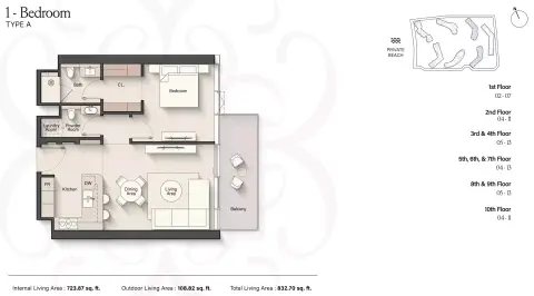 Plattegrond van 1 slaapkamer in Meriva Gardens