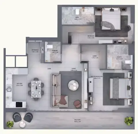 Plattegrond van 2 slaapkamers in Minati Homes 1