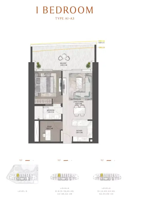 Plattegrond van 1 slaapkamer in The Sapphire