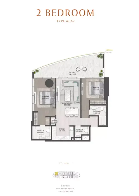 Plattegrond van 2 slaapkamers in The Sapphire