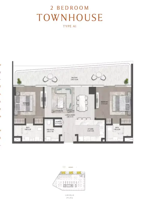 Plattegrond van 2 slaapkamers in The Sapphire