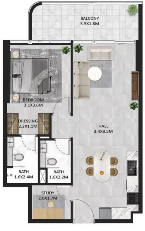 Plattegrond van 1 slaapkamer in SquareX Residence