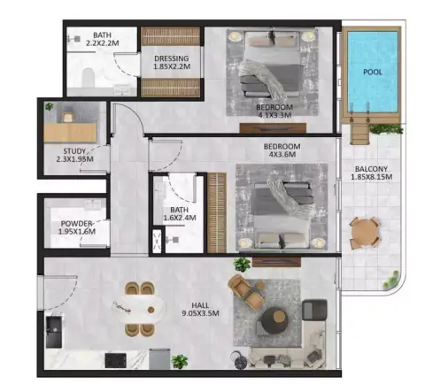 Plattegrond van 2 slaapkamers in SquareX Residence