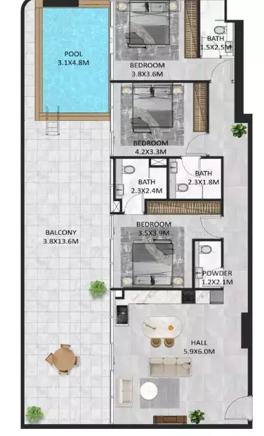 Plattegrond van 3 slaapkamers in SquareX Residence