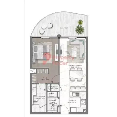 Plattegrond van 1 slaapkamer in Damac Lagoon Views