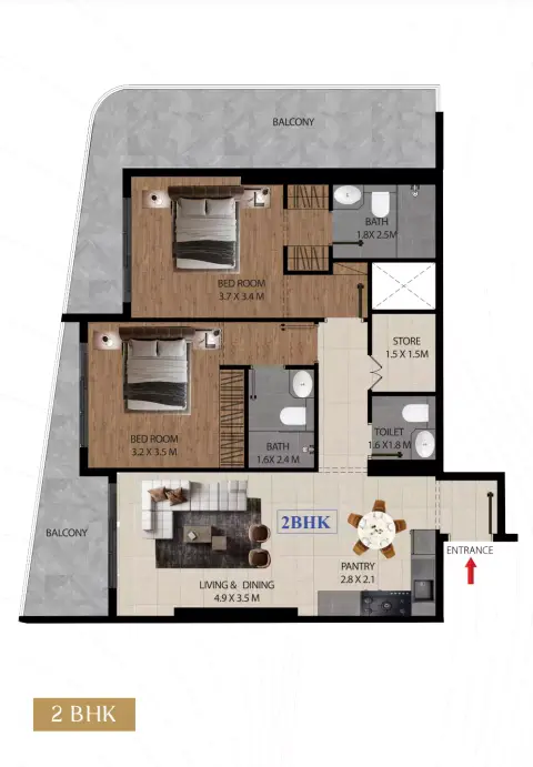 Plattegrond van 2 slaapkamers in Marquis Insignia