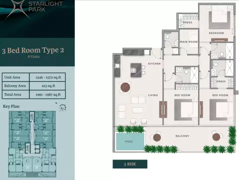 Plattegrond van 3 slaapkamers in Starlight Park
