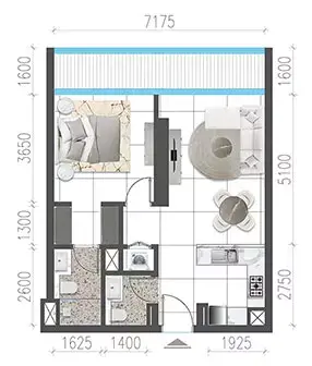 Plattegrond van 1 slaapkamer in Jade Tower