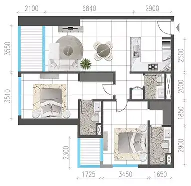Plattegrond van 2 slaapkamers in Jade Tower
