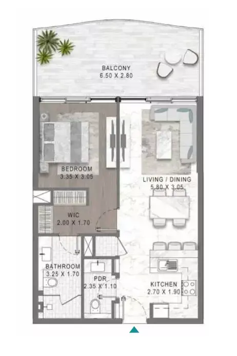 Plattegrond van 1 slaapkamer in Lagoons Views Phase 2 By Damac