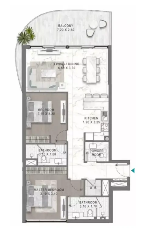 Plattegrond van 2 slaapkamers in Lagoons Views Phase 2 By Damac