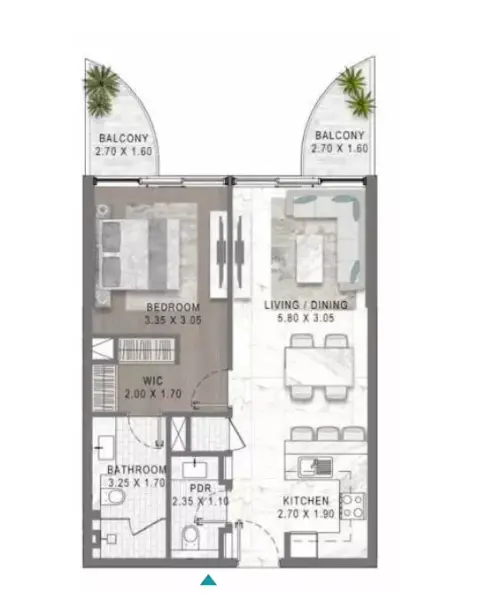 Plattegrond van 1 slaapkamer in Lagoons Views Phase 2 By Damac