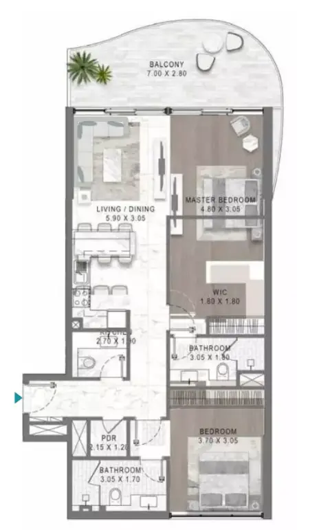 Plattegrond van 2 slaapkamers in Lagoons Views Phase 2 By Damac
