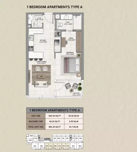 Plattegrond van 1 slaapkamer in 161 Jumeirah Lane