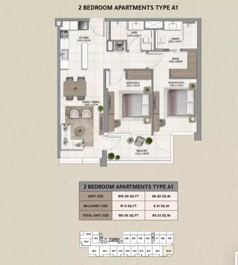 Plattegrond van 2 slaapkamers in 161 Jumeirah Lane