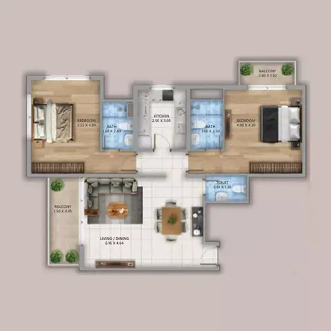 Plattegrond van 2 slaapkamers in Linden Residences
