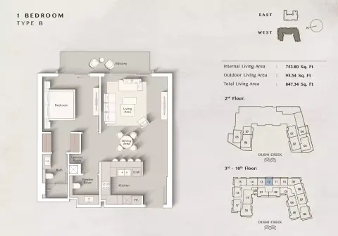 Plattegrond van 1 slaapkamer in Art Bay West