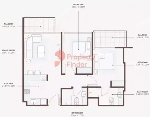 Plattegrond van 2 slaapkamers in Azizi Beach Oasis
