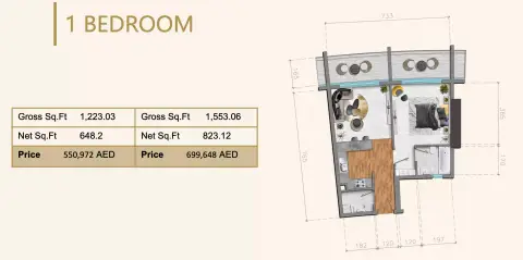 Plattegrond van 1 slaapkamer in V Tower By Tiger Group