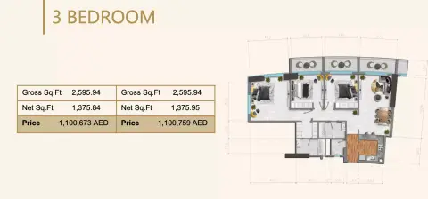 Plattegrond van 3 slaapkamers in V Tower By Tiger Group