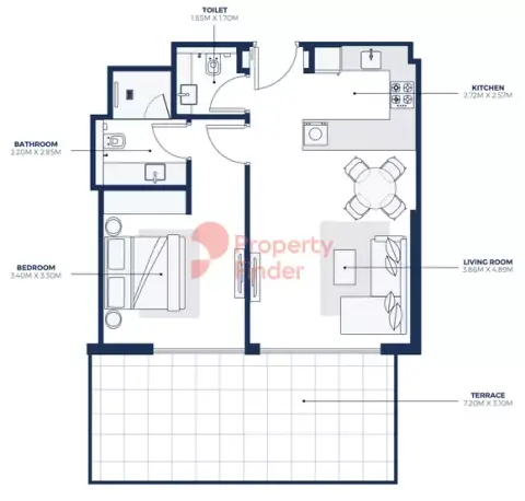 Plattegrond van 1 slaapkamer in Creek Views Phase 3 By Azizi