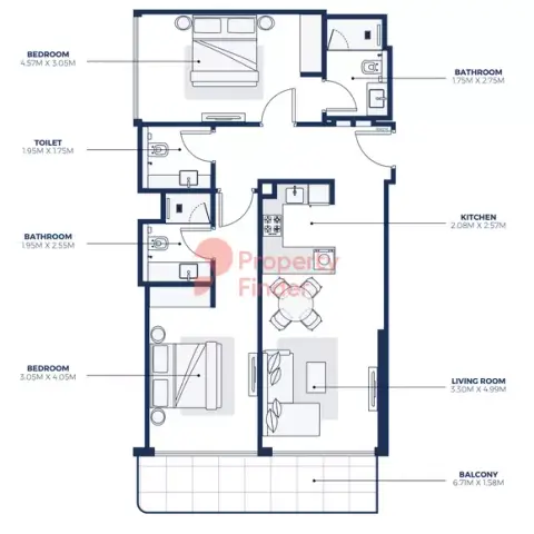 Plattegrond van 2 slaapkamers in Creek Views Phase 3 By Azizi