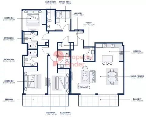 Plattegrond van 3 slaapkamers in Creek Views Phase 3 By Azizi