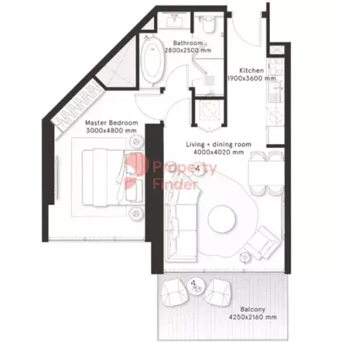 Plattegrond van 1 slaapkamer in W Residences Dubai – Downtown By Dar Al Arkan