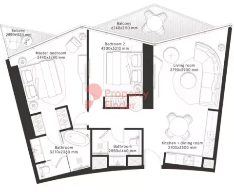 Plattegrond van 2 slaapkamers in W Residences Dubai – Downtown By Dar Al Arkan