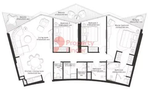 Plattegrond van 3 slaapkamers in W Residences Dubai – Downtown By Dar Al Arkan