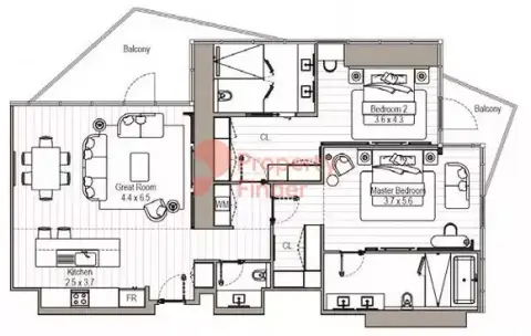 Plattegrond van 2 slaapkamers in Fairmont Residences By RSG