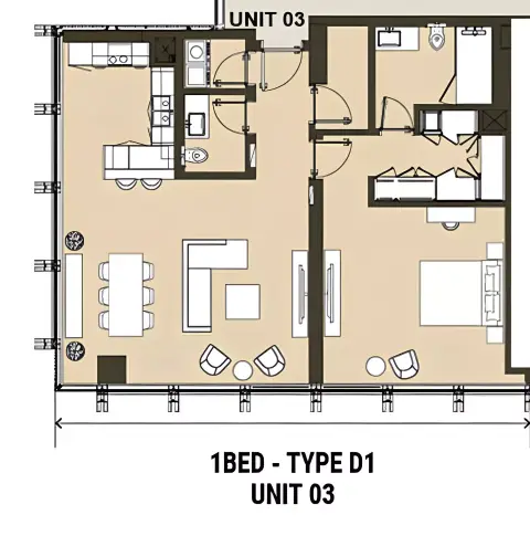 Plattegrond van 1 slaapkamer in Residence 110