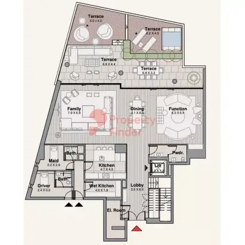 Plattegrond van 3 slaapkamers in BVLGARI Marina Lofts