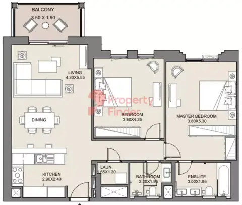 Plattegrond van 2 slaapkamers in Jadeel Phase 3 By Meraas