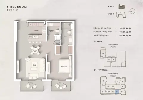 Plattegrond van 1 slaapkamer in Art Bay East