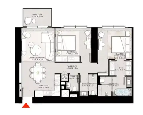 Plattegrond van 2 slaapkamers in St Regis The Residences