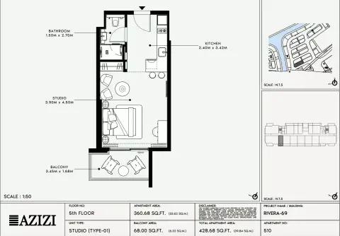 Plattegrond van Studio in Azizi Riviera 69