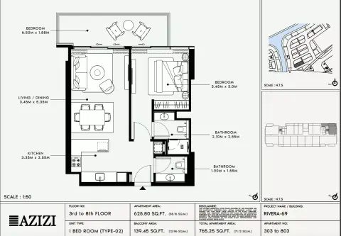 Plattegrond van 1 slaapkamer in Azizi Riviera 69