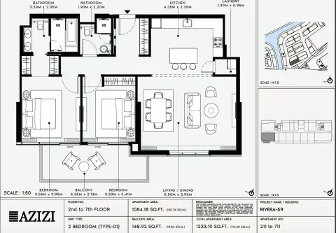 Plattegrond van 2 slaapkamers in Azizi Riviera 69
