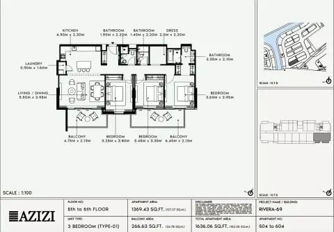 Plattegrond van 3 slaapkamers in Azizi Riviera 69