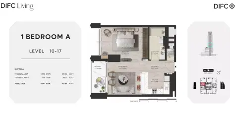 Plattegrond van 1 slaapkamer in Difc Living