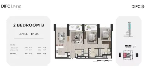 Plattegrond van 2 slaapkamers in Difc Living