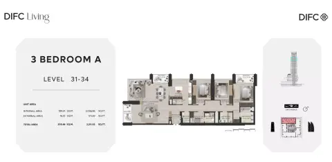 Plattegrond van 3 slaapkamers in Difc Living