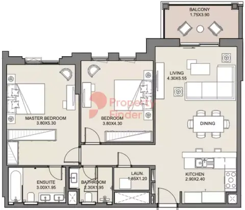 Plattegrond van 2 slaapkamers in Jadeel Phase 2 By Meraas