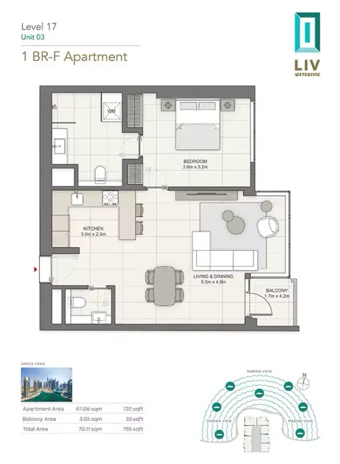 Plattegrond van 1 slaapkamer in LIV Waterside