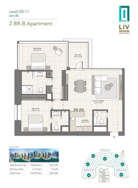 Plattegrond van 2 slaapkamers in LIV Waterside