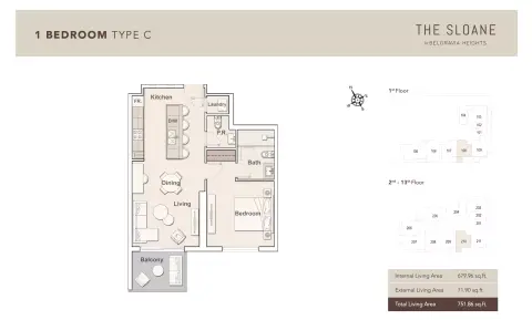 Plattegrond van 1 slaapkamer in The Sloane