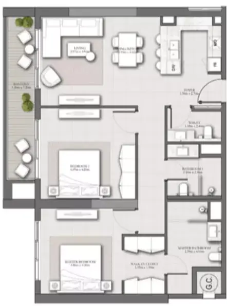 Plattegrond van 2 slaapkamers in Roma Residences